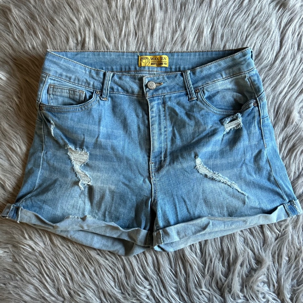 Wax Jean Shorts‎ Womens Size Large Blue Denim Short Distressed Ripped